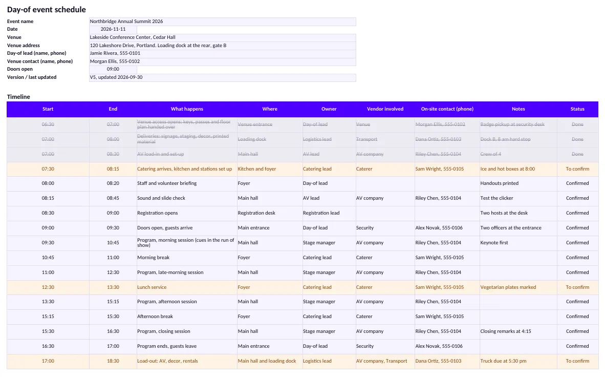 Day-of schedule filled in: the header, then the timeline, with done rows grayed out and to-confirm rows in amber.