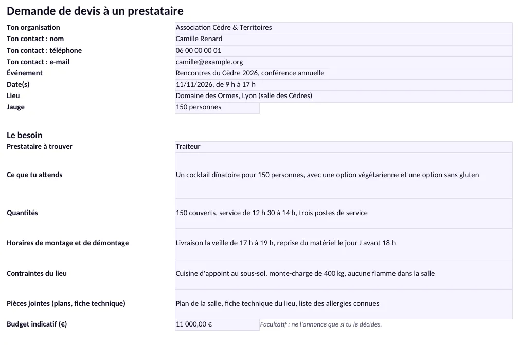 Demande de devis à un traiteur remplie : l'organisation, l'événement, le besoin, les quantités, les contraintes du lieu et le budget indicatif.