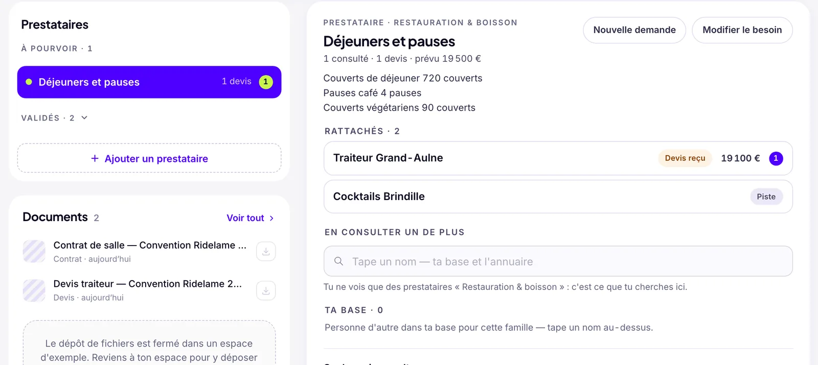 Un prestataire à pourvoir dans Squena : le besoin décrit une fois, deux prestataires rattachés, un devis reçu et un prestataire encore en piste.