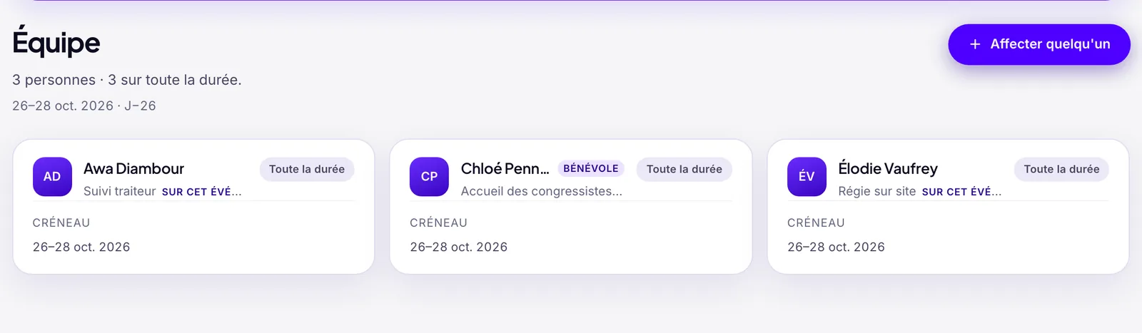 L'équipe d'un événement dans Squena : chaque personne avec son rôle sur l'événement et son créneau, compté en jours.