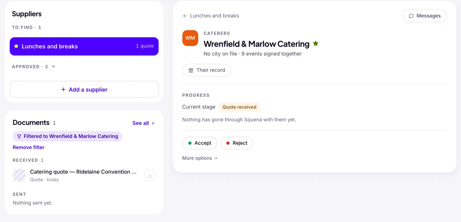 A supplier's record on an event in Squena: the Lunches and breaks need with one quote, current stage Quote received, Accept and Reject buttons, and the received catering quote filed under Documents.