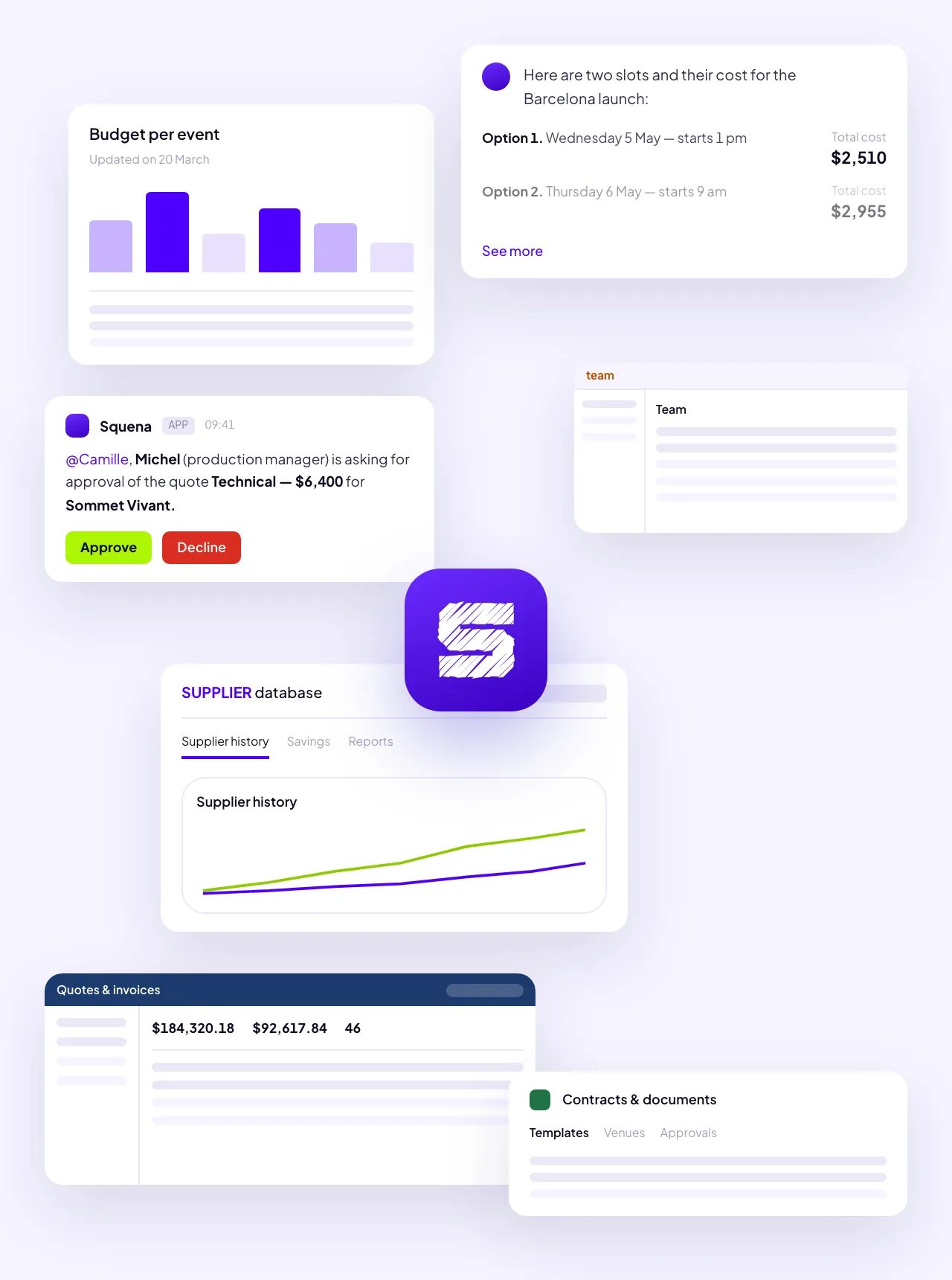 Animation: quotes, the budget, the team, contracts and the supplier database come together in Squena.